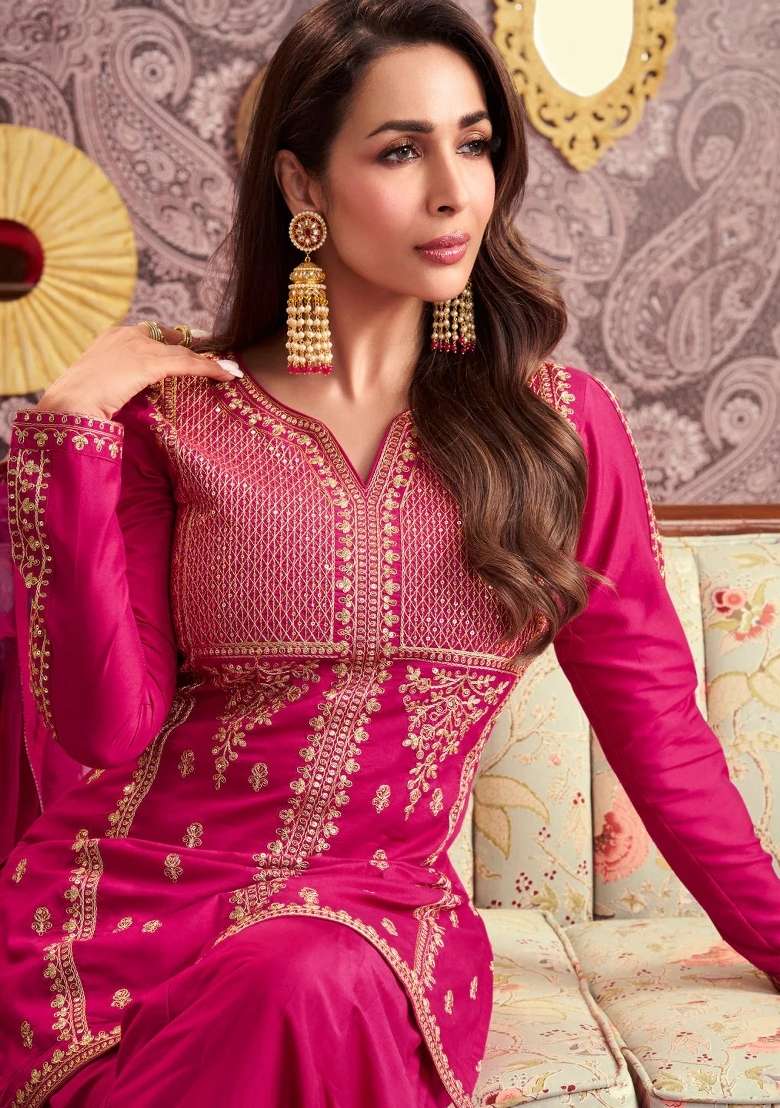 Rani Pink Thread Work Silk Blend Kurta Set - Indya