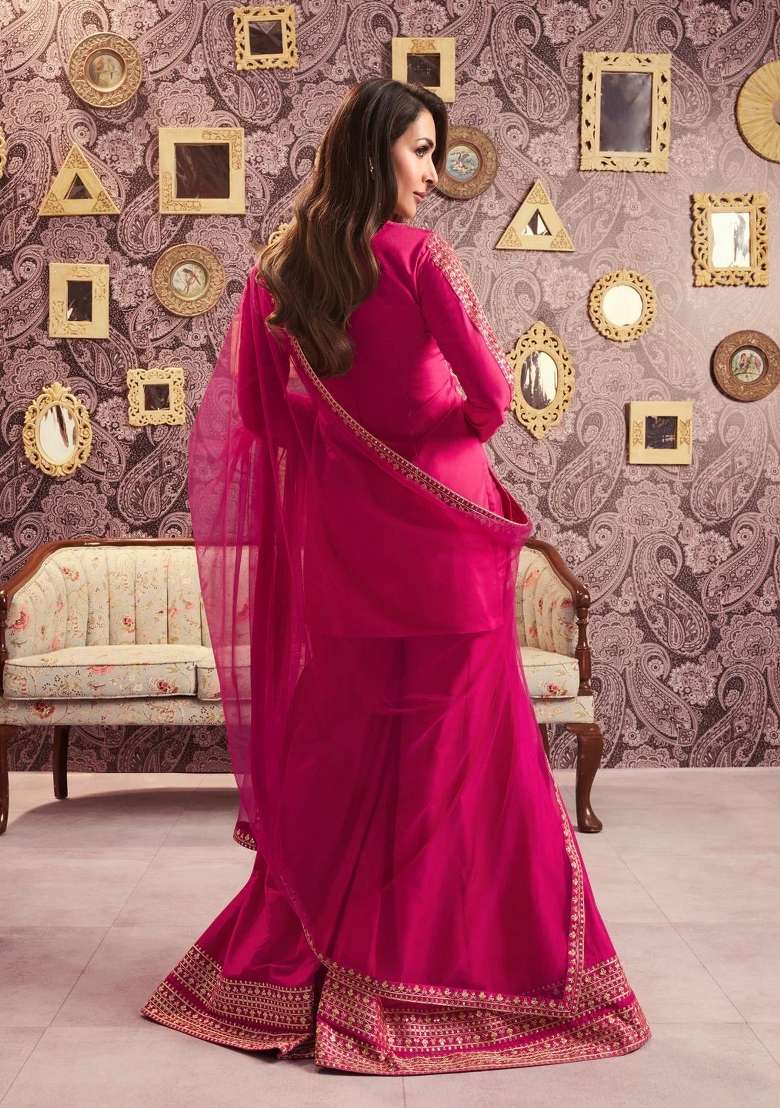 Rani Pink Thread Work Silk Blend Kurta Set - Indya