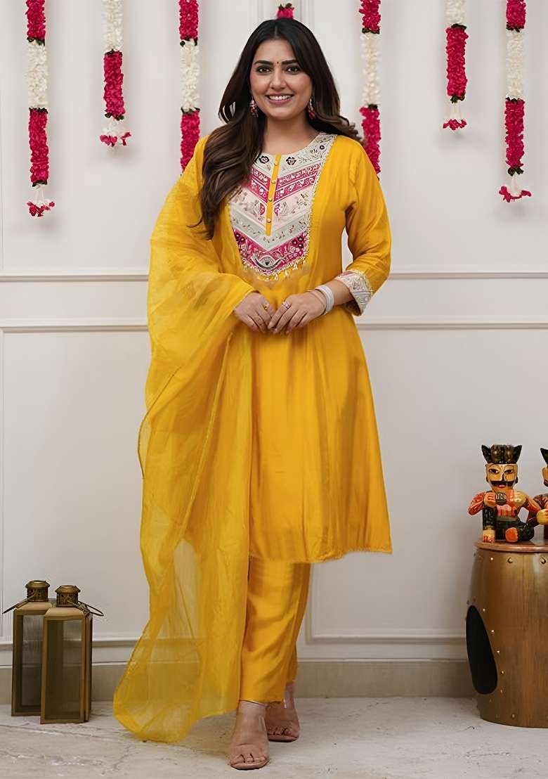 Yellow Thread Work Chanderi Kurta Set - Indya