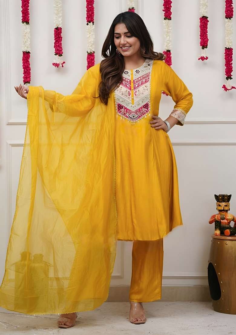 Yellow Thread Work Chanderi Kurta Set - Indya