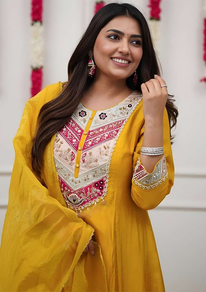 Yellow Thread Work Chanderi Kurta Set - Indya