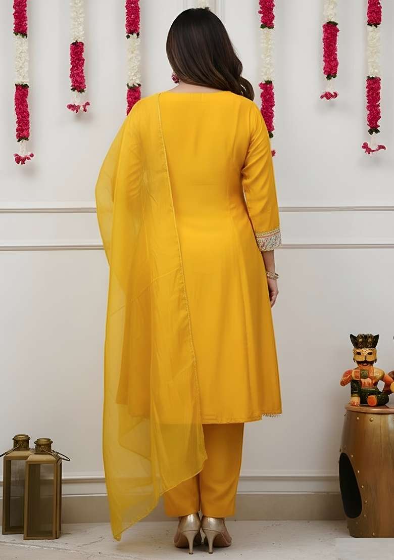 Yellow Thread Work Chanderi Kurta Set - Indya
