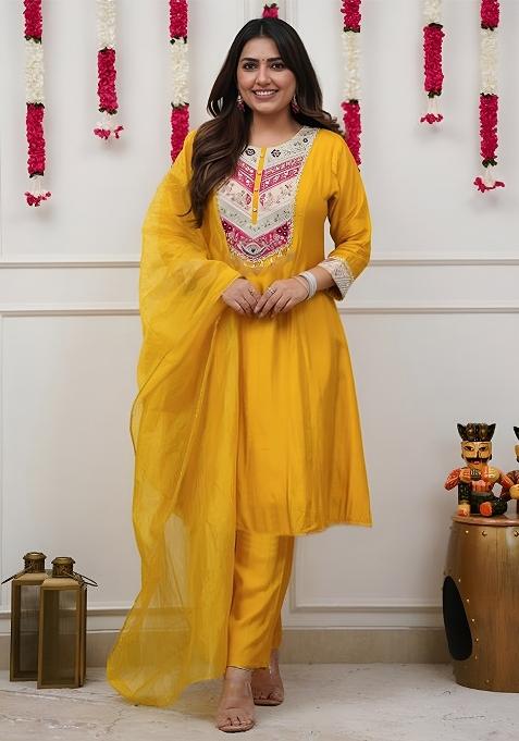 Yellow Thread Work Chanderi Kurta Set