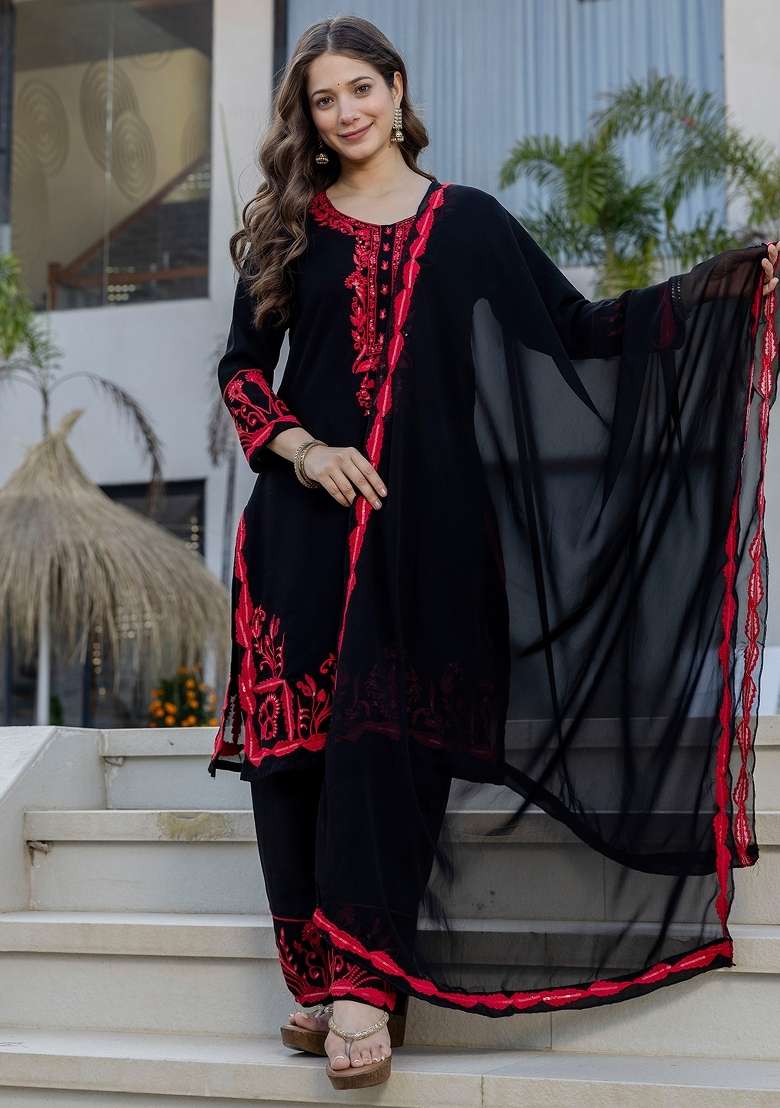 Black Thread Work Georgette Kurta Set - Indya