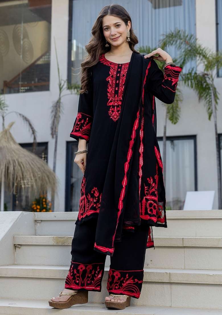 Black Thread Work Georgette Kurta Set - Indya