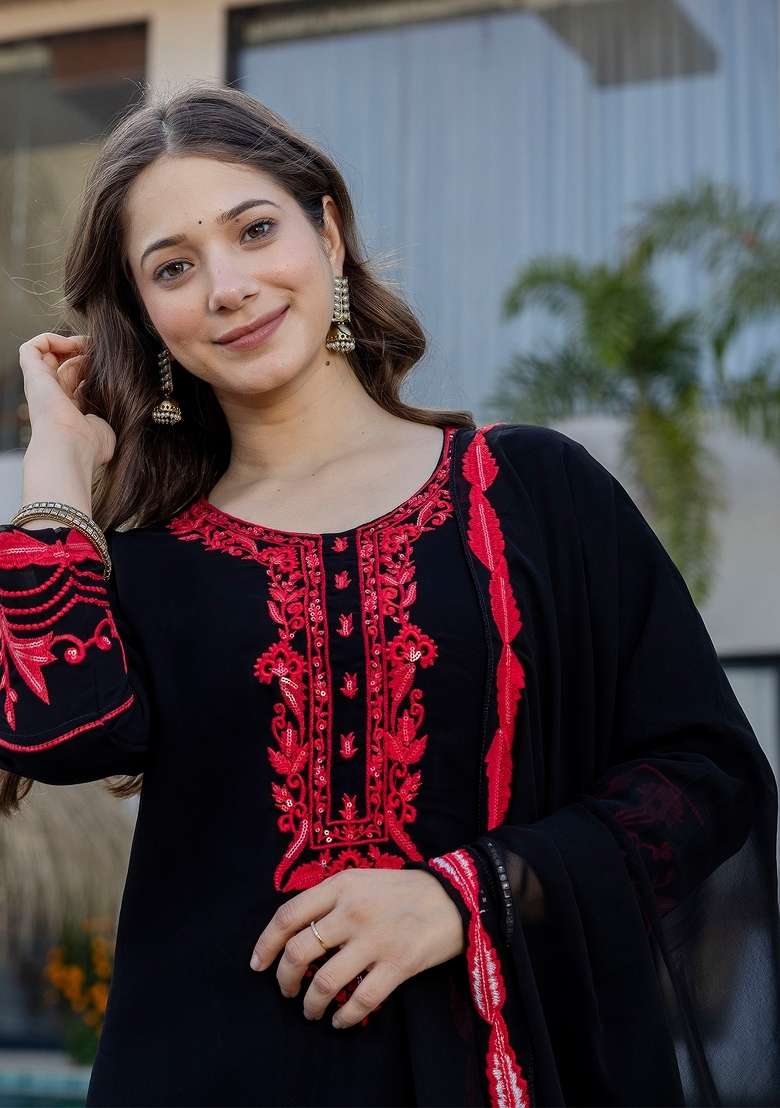 Black Thread Work Georgette Kurta Set - Indya