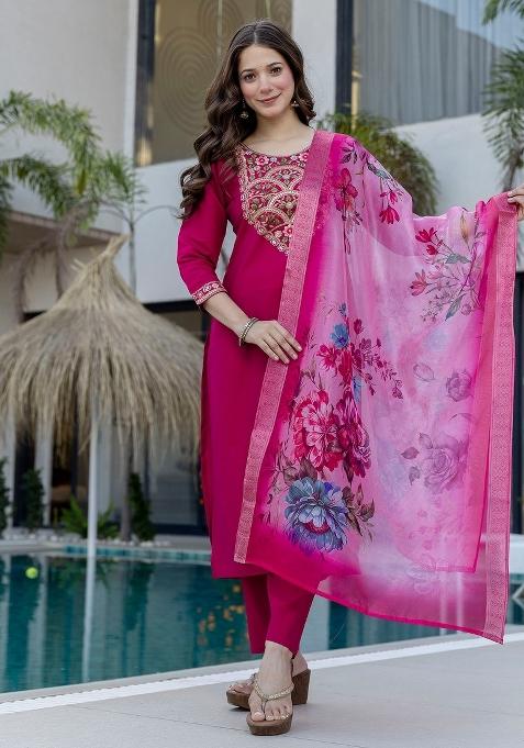 Magenta Thread Work Chanderi Kurta Set