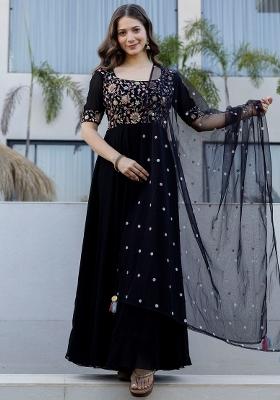 Black Thread Work Georgette Kurta With Dupatta