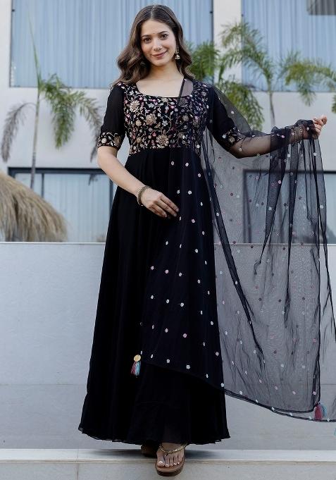 Black Thread Work Georgette Kurta With Dupatta
