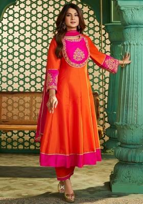 Orange Thread Work Cotton Kurta Set
