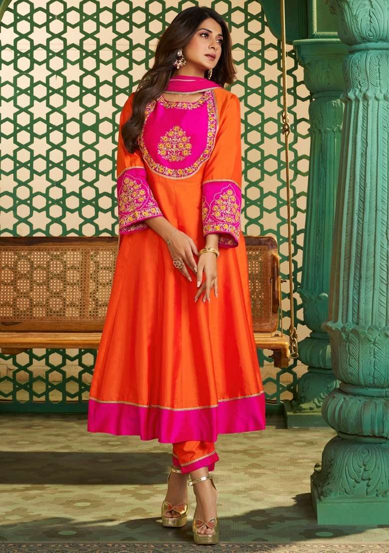 Orange Thread Work Cotton Kurta Set - Indya