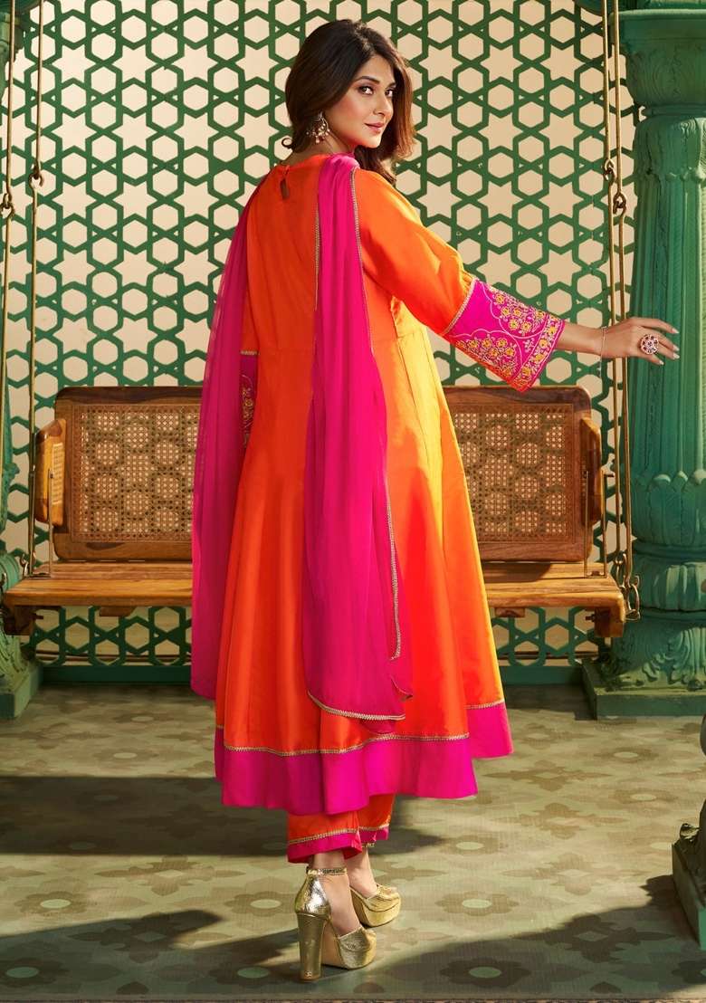 Orange Thread Work Cotton Kurta Set - Indya