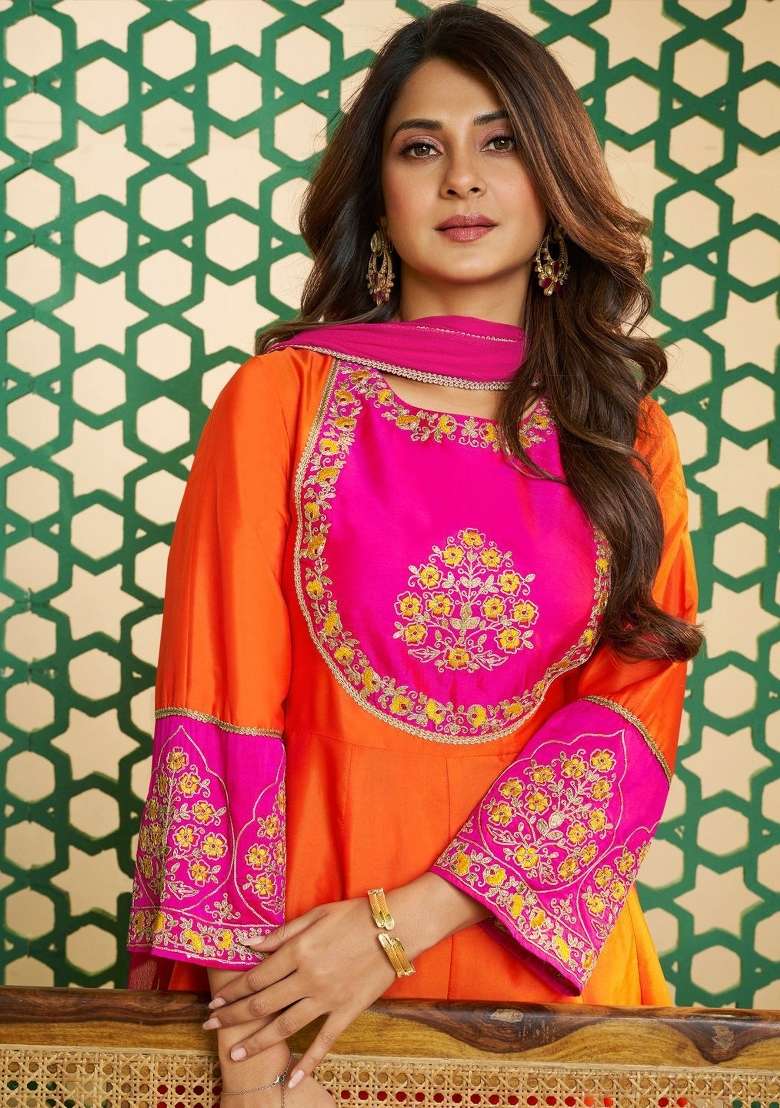Orange Thread Work Cotton Kurta Set - Indya