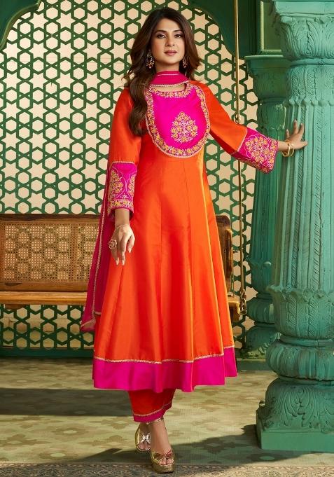 Orange Thread Work Cotton Kurta Set
