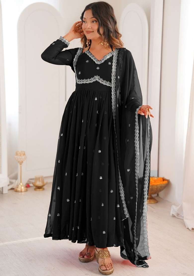 Black Thread Work Georgette Kurta Set - Indya