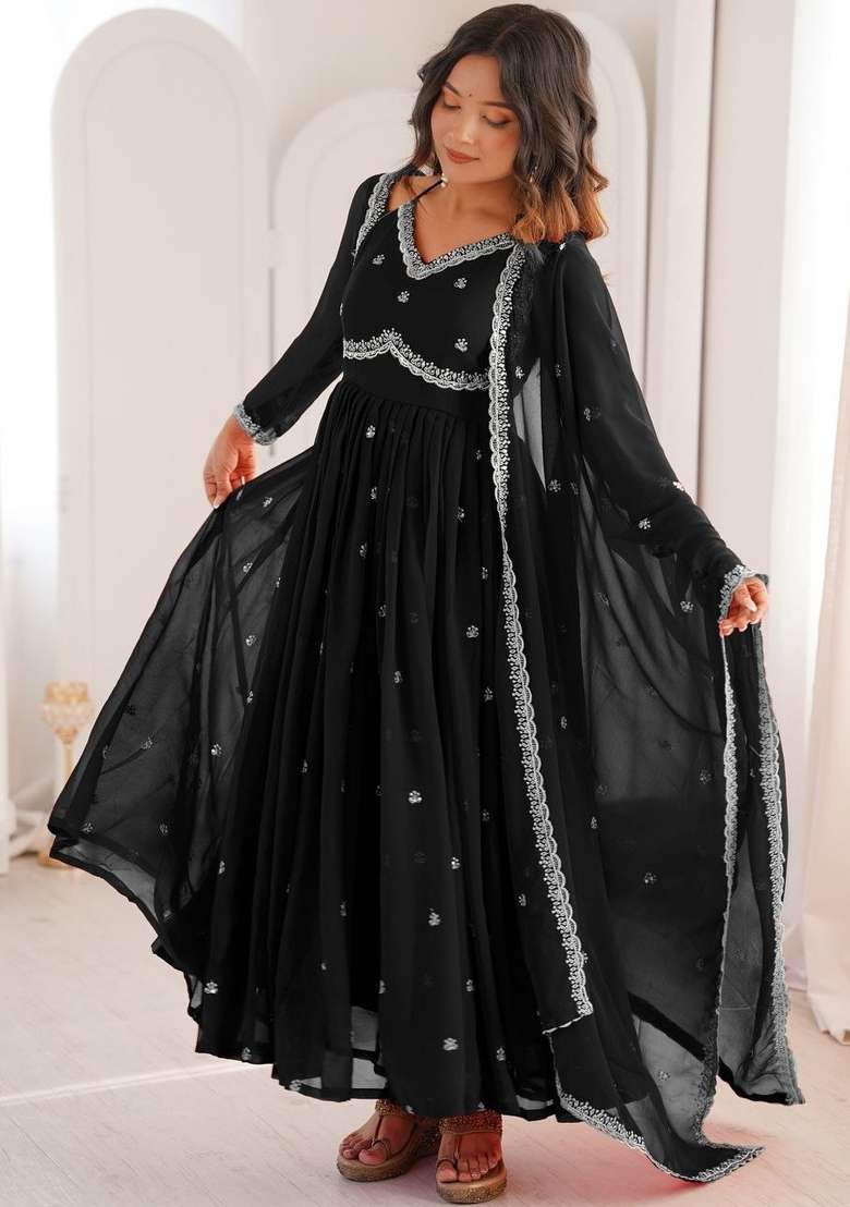 Black Thread Work Georgette Kurta Set - Indya