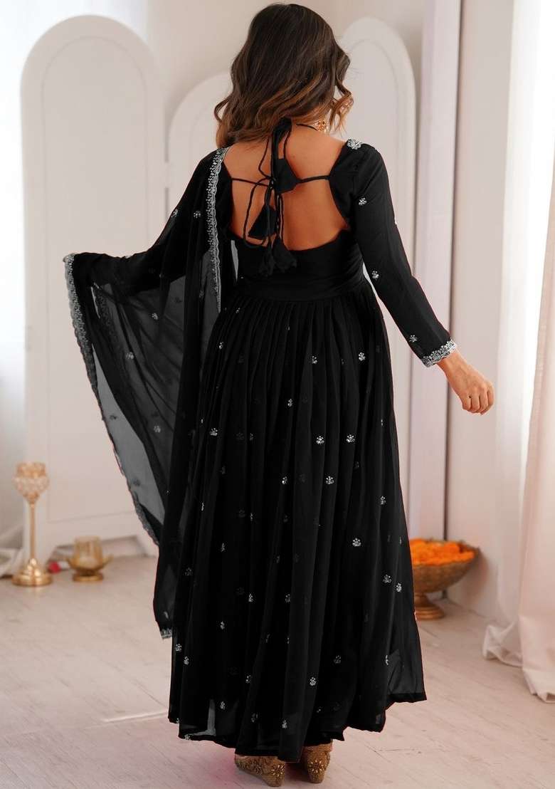 Black Thread Work Georgette Kurta Set - Indya