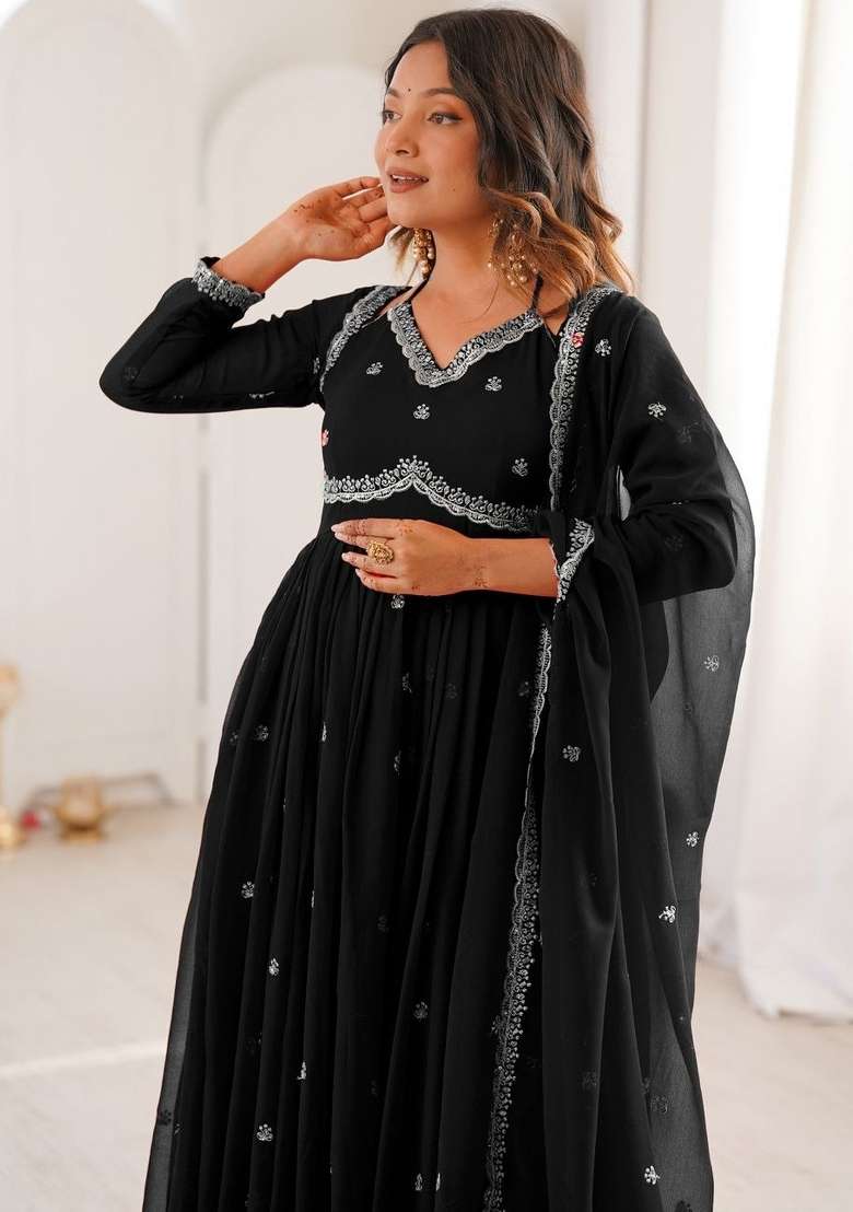 Black Thread Work Georgette Kurta Set - Indya