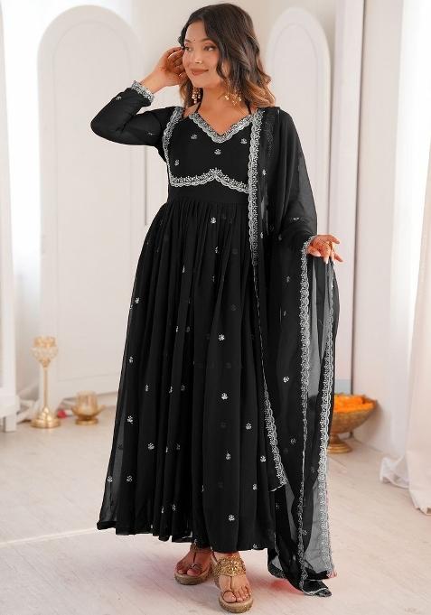 Black Thread Work Georgette Kurta Set