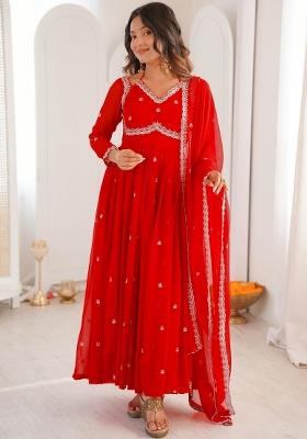 Red Thread Work Georgette Kurta Set