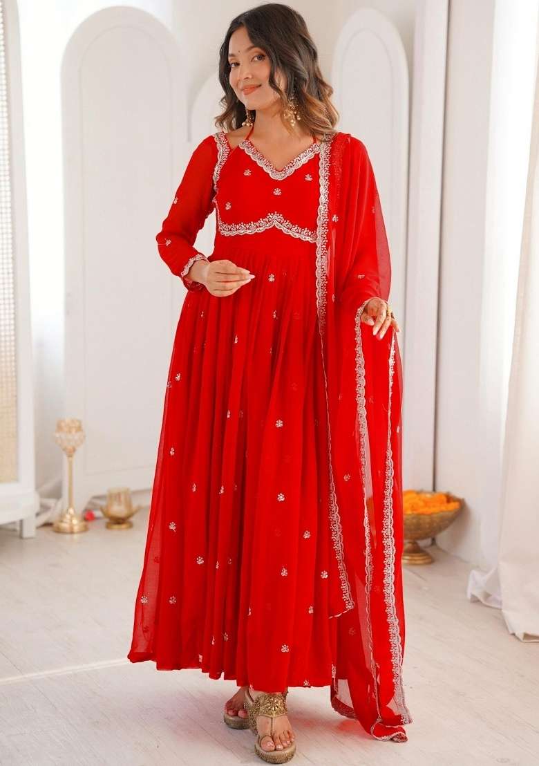 Red Thread Work Georgette Kurta Set - Indya