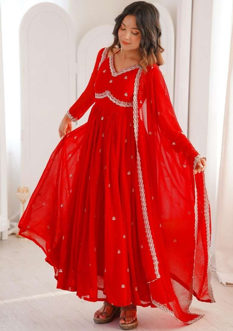 Red Thread Work Georgette Kurta Set - Indya