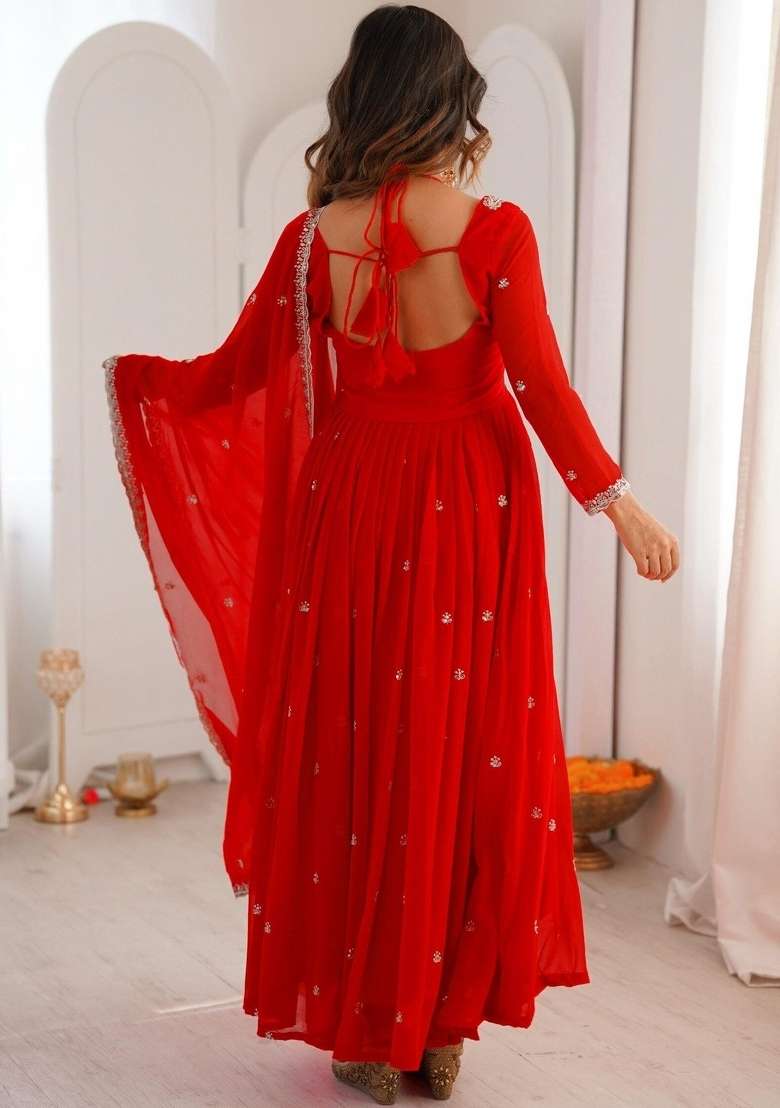 Red Thread Work Georgette Kurta Set - Indya