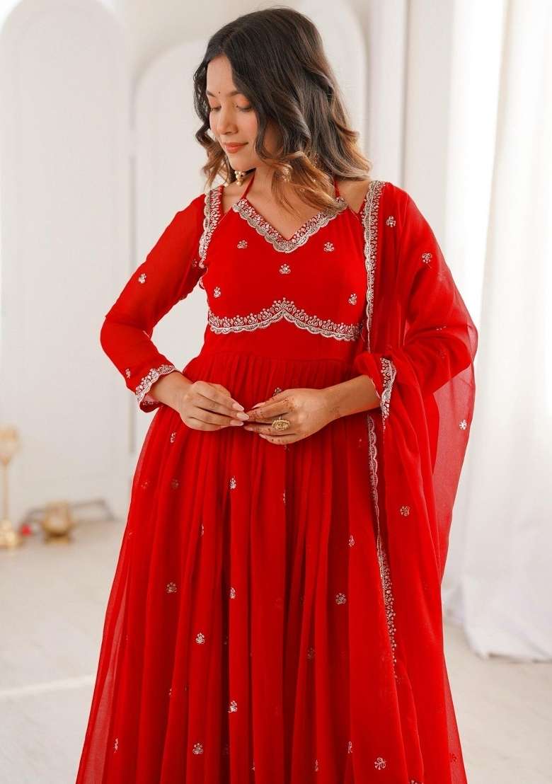 Red Thread Work Georgette Kurta Set - Indya