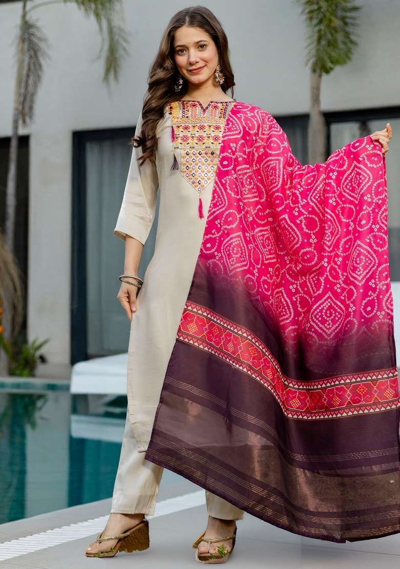Cream Thread Work Viscose Kurta Set - Indya