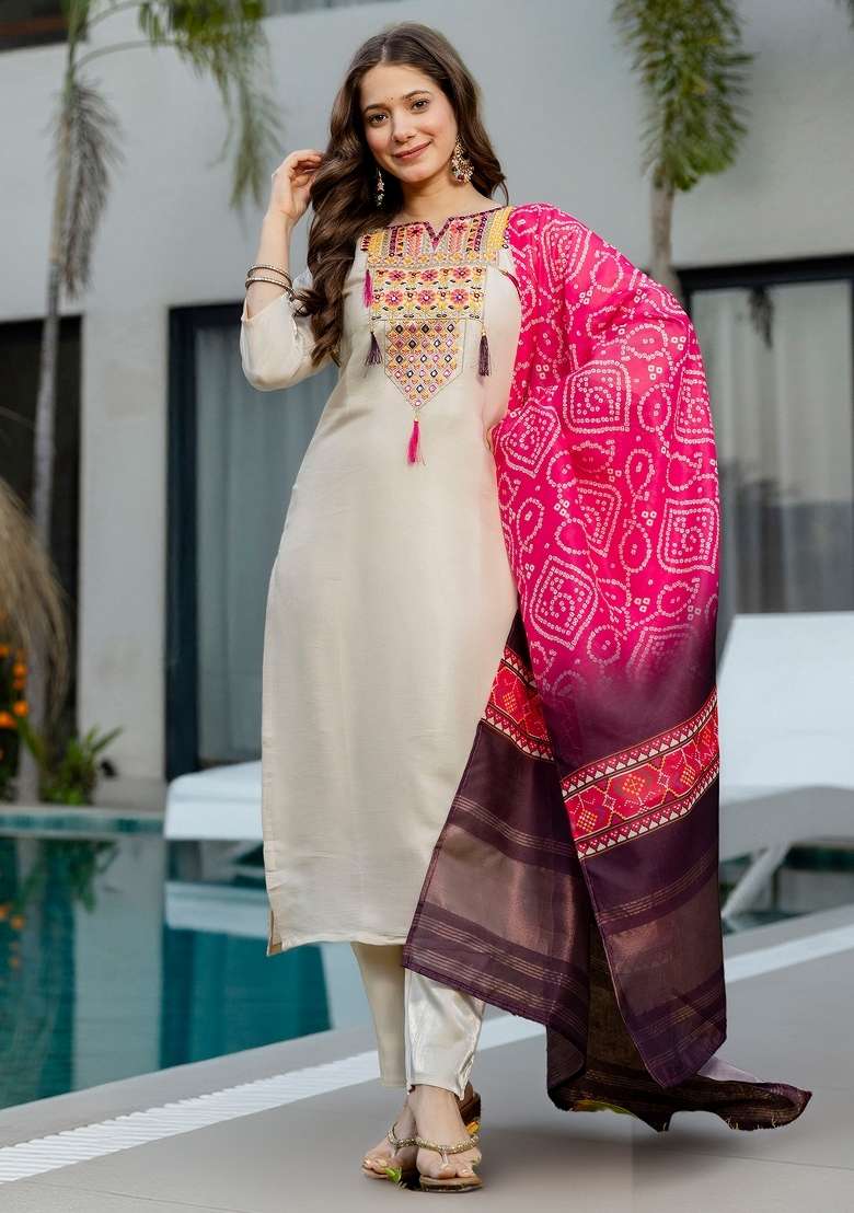 Cream Thread Work Viscose Kurta Set - Indya
