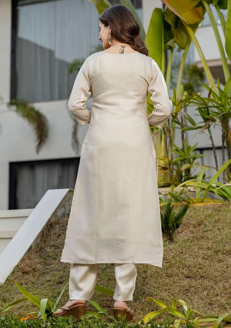 Cream Thread Work Viscose Kurta Set - Indya