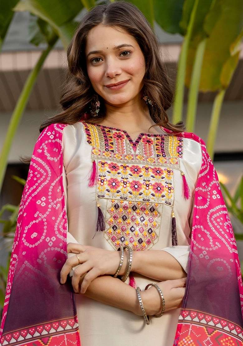 Cream Thread Work Viscose Kurta Set - Indya