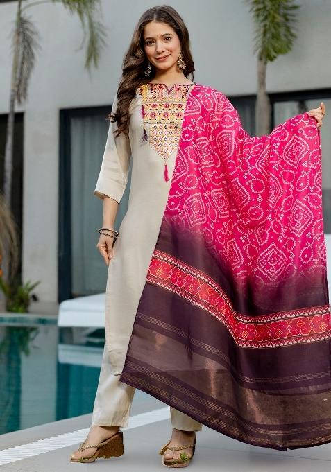 Cream Thread Work Viscose Kurta Set