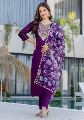 Purple Thread Work Cotton Kurta Set