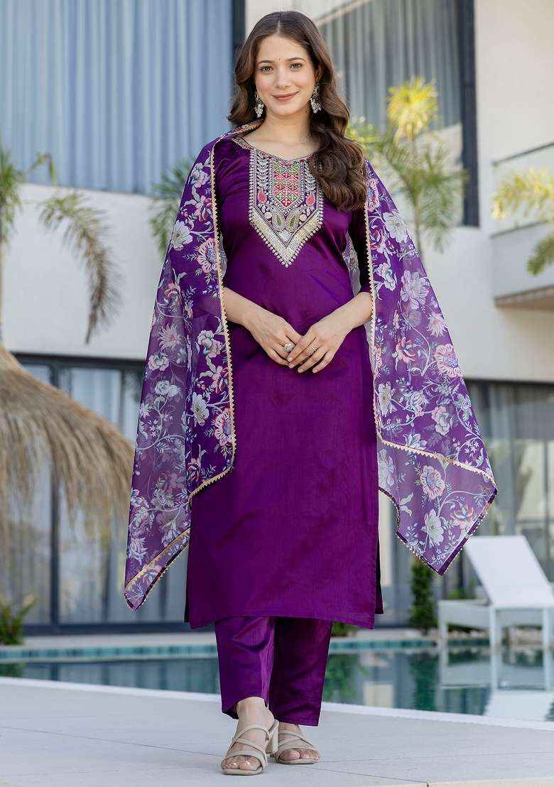 Purple Thread Work Cotton Kurta Set - Indya