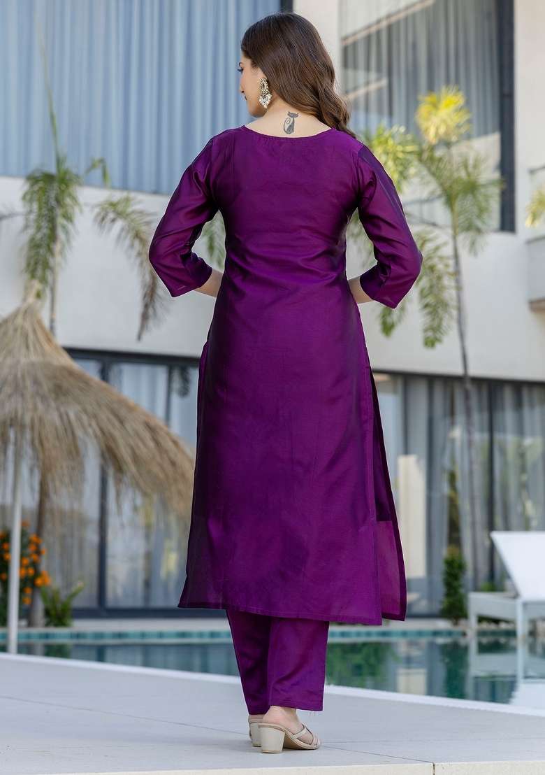 Purple Thread Work Cotton Kurta Set - Indya