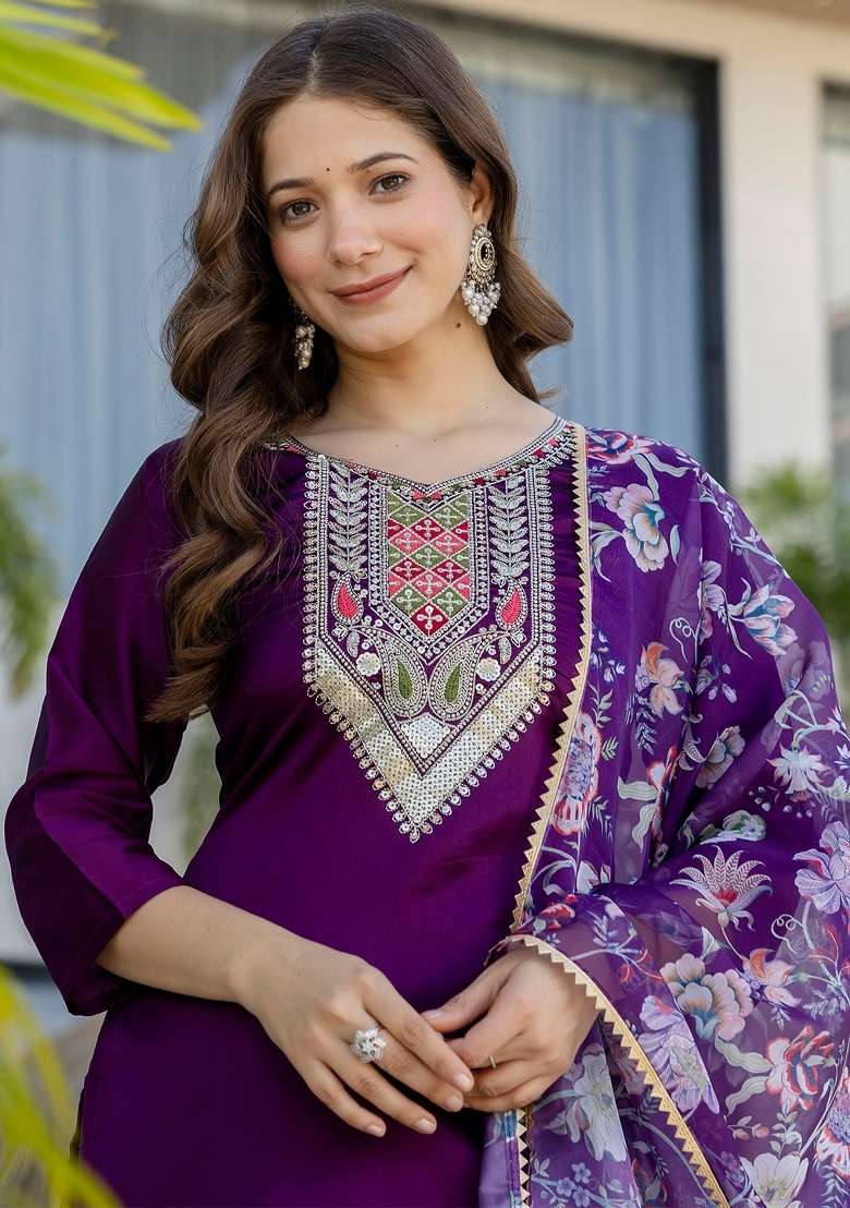 Purple Thread Work Cotton Kurta Set - Indya