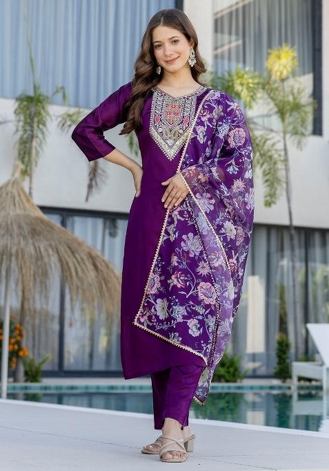 Purple Thread Work Cotton Kurta Set