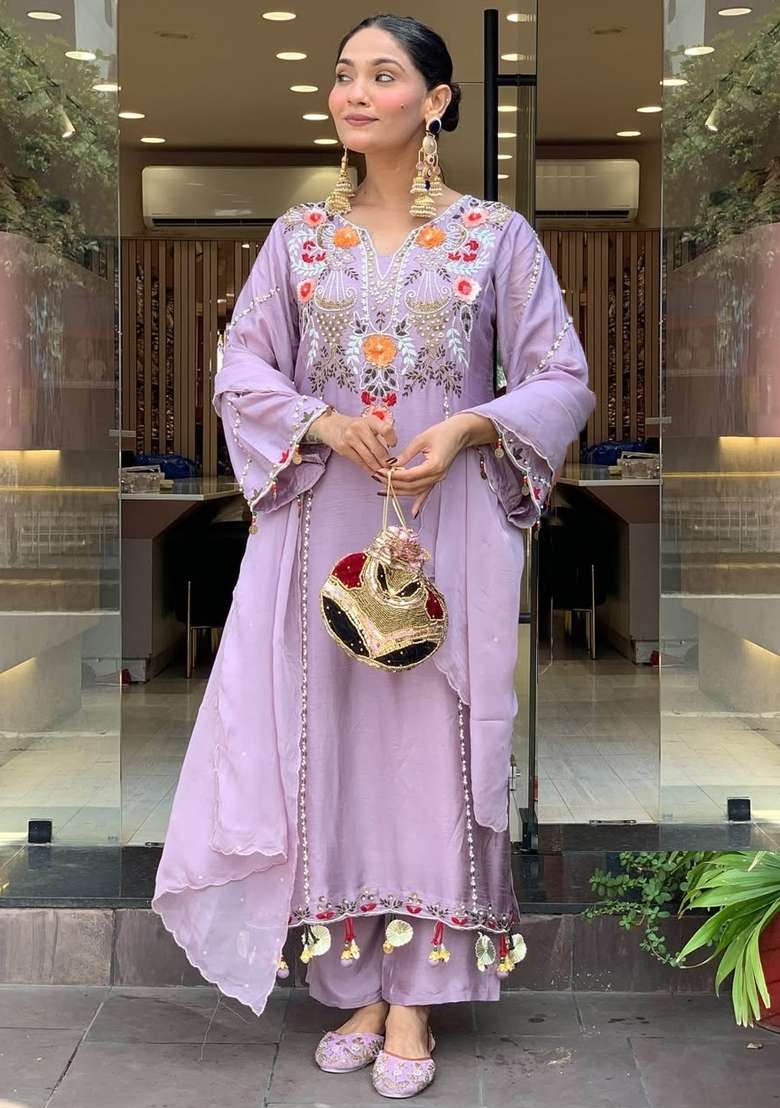 Lavender Thread Work Chanderi Kurta Set - Indya