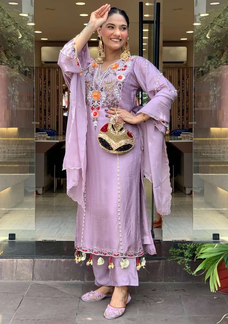 Lavender Thread Work Chanderi Kurta Set - Indya
