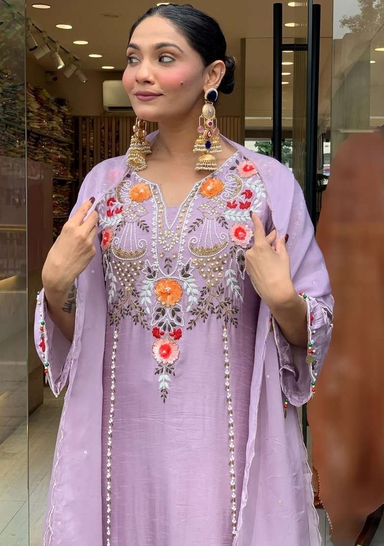 Lavender Thread Work Chanderi Kurta Set - Indya