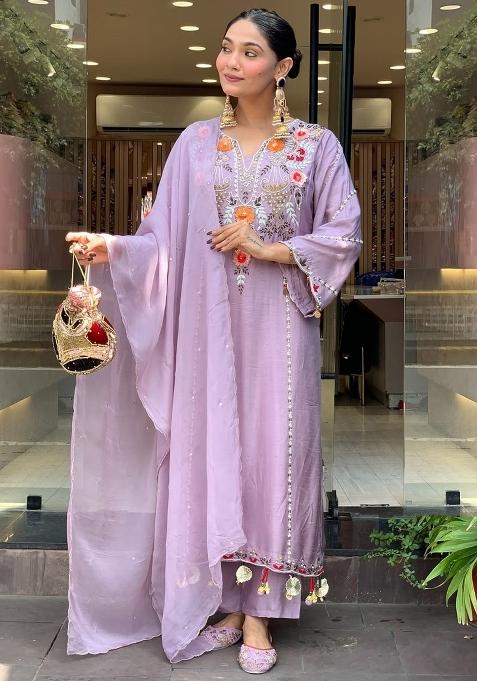 Lavender Thread Work Chanderi Kurta Set