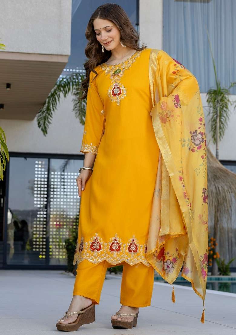 Yellow Thread Work Chanderi Kurta Set - Indya