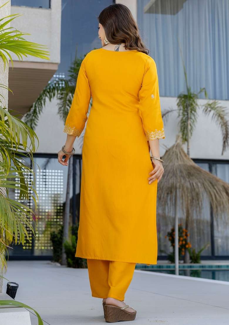 Yellow Thread Work Chanderi Kurta Set - Indya