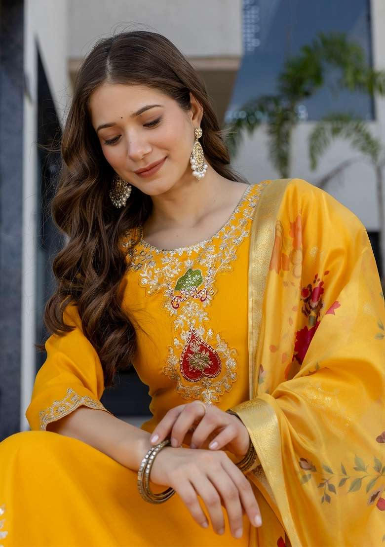 Yellow Thread Work Chanderi Kurta Set - Indya
