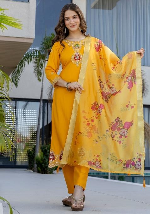 Yellow Thread Work Chanderi Kurta Set