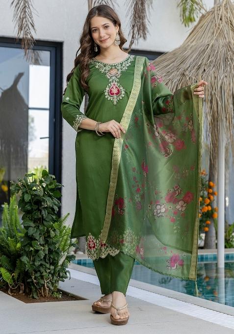 Green Thread Work Chanderi Kurta Set