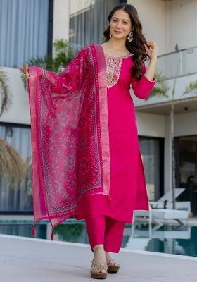 Rani Pink Thread Work Cotton Kurta Set