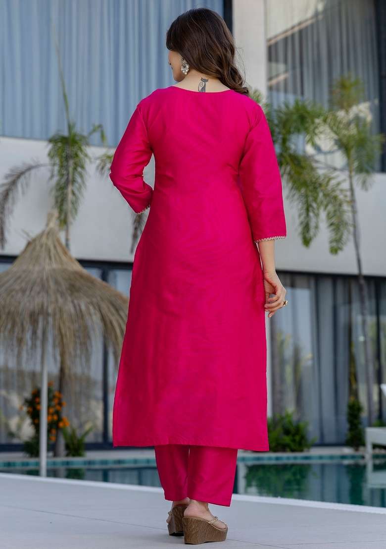 Rani Pink Thread Work Cotton Kurta Set - Indya