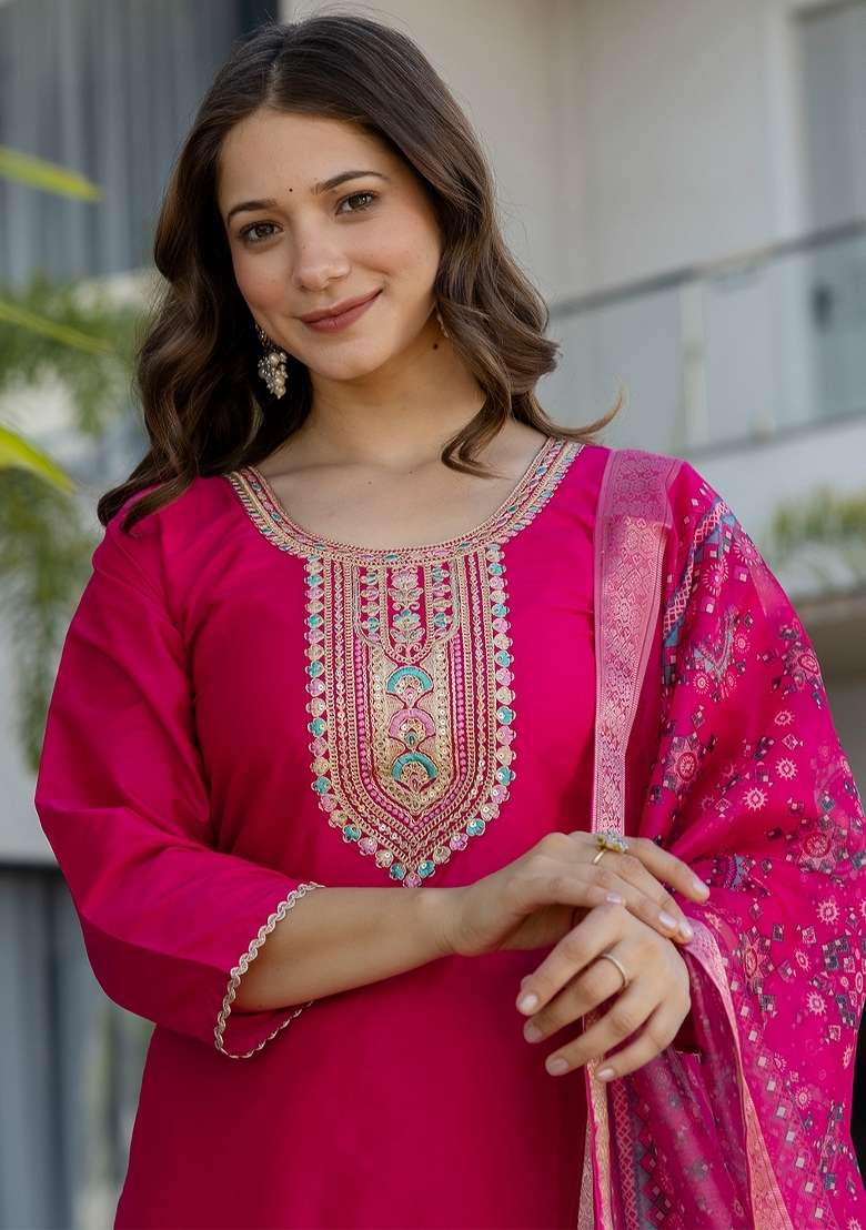 Rani Pink Thread Work Cotton Kurta Set - Indya